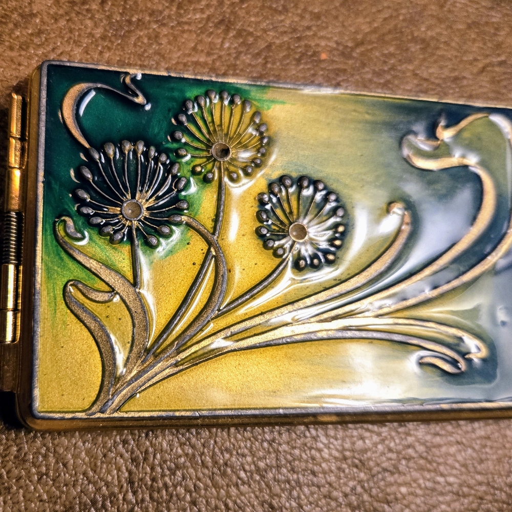 Vintage Art Nouveau Green and Yellow Brass Floral Decorative Card Holder